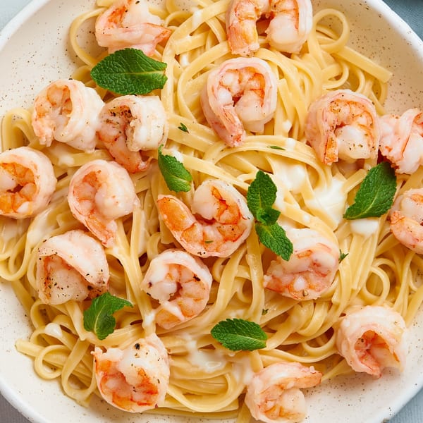 Close-up of Tastee Grill's shrimp scampi with fettuccine pasta, creamy sauce, and fresh mint.