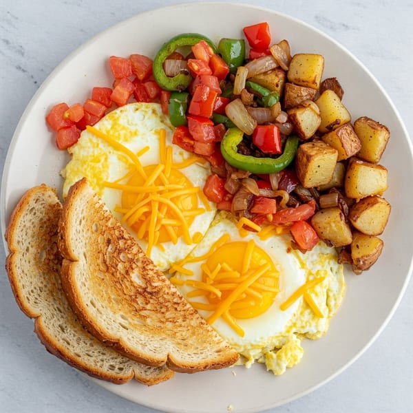 Tastee Grill breakfast plate with fried eggs, cheese, toast, roasted potatoes, and diced vegetables.