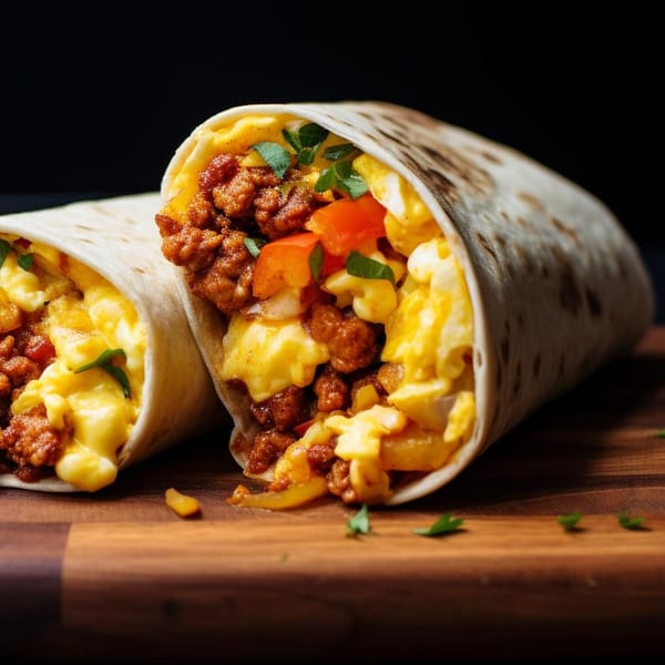 Two Tastee Grill breakfast burritos, filled with scrambled eggs, chorizo, and vegetables, on a wooden board.