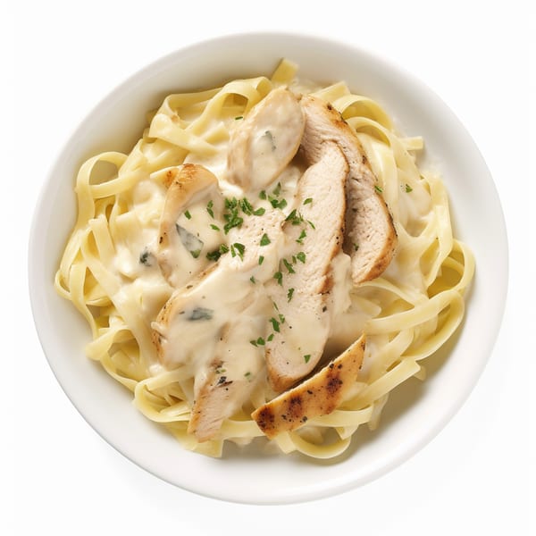 Tastee Grill's chicken alfredo with fettuccine pasta, creamy white sauce, and chopped parsley.