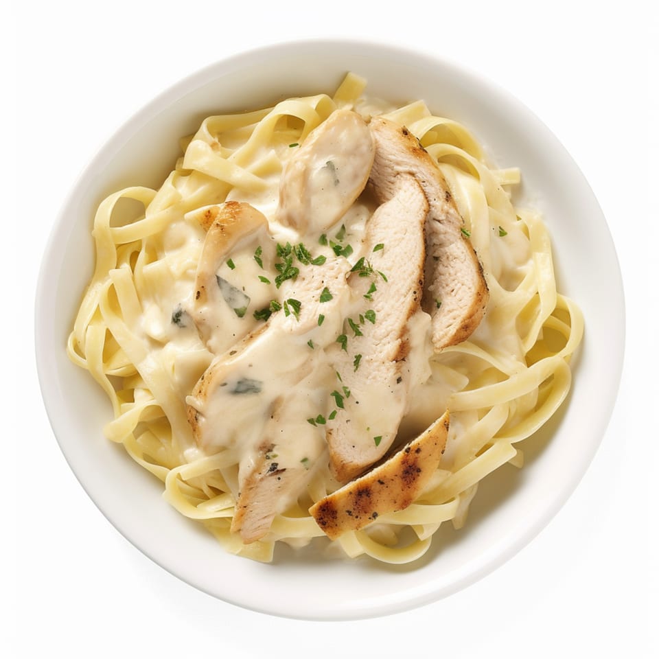 Tastee Grill's chicken alfredo with fettuccine pasta, creamy white sauce, and chopped parsley.